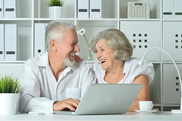 Casal sênior feliz com laptop — Fotografia de Stock