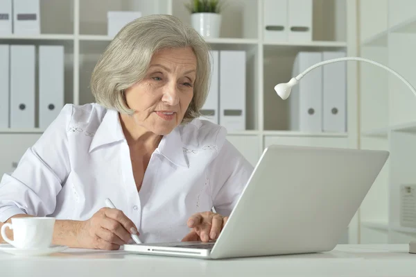 लॅपटॉपवर काम करणारी वृद्ध महिला — स्टॉक फोटो, इमेज