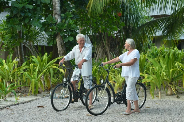 Yaşlı çift dinlenme bisiklet ile — Stok fotoğraf