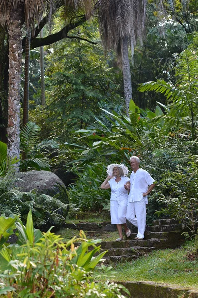 Coppia anziana in giardino tropicale — Foto Stock