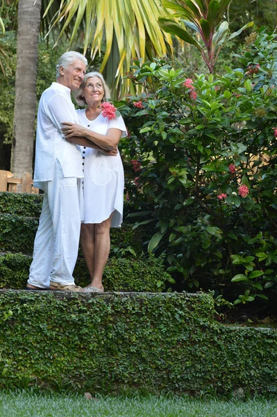 Coppia anziana in giardino tropicale — Foto Stock