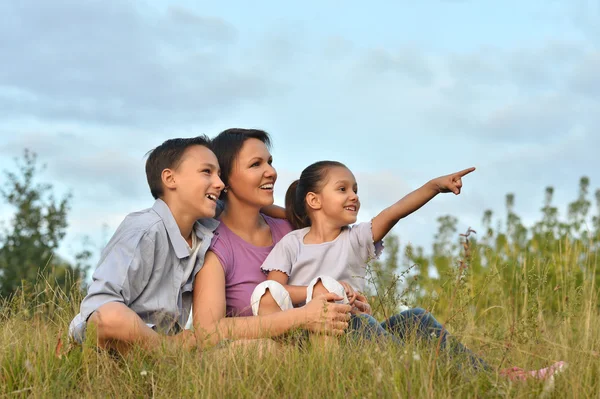 Счастливая семья на зеленом поле Стоковая Картинка