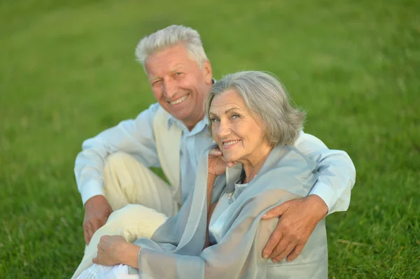 Пожилая пара сидит на траве — стоковое фото
