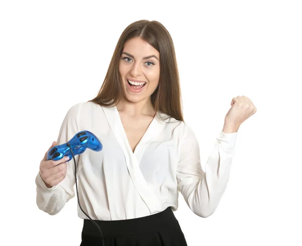 Woman playing video game with joystick — Stock Photo, Image