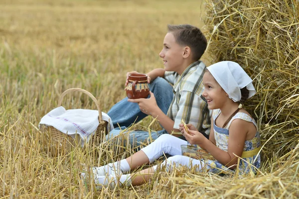 Crianças com leite e pedaços no campo — Fotografia de Stock