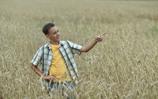 Chico feliz en el campo señalando — Foto de Stock