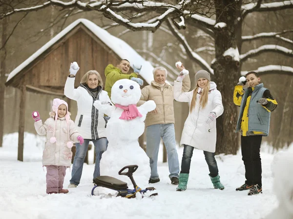 Família brincando na neve fresca — Fotografia de Stock