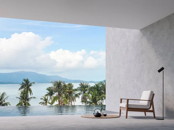 最小的阁楼式游泳池平台 有海景3D渲染 有混凝土地面和墙壁 装饰有木制椅子 可俯瞰大海 岛屿和天空 — 图库照片