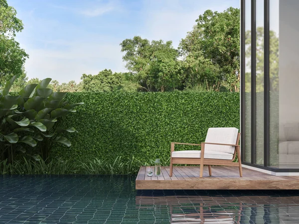 Moderna Terraza Contemporánea Piscina Render Hay Suelo Madera Cerca Plantas — Foto de Stock