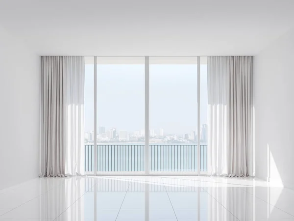 Empty white room with sea and city view 3d render.The Rooms have white wall and glossy floor.There are white window overlooks to terrace and bay view.