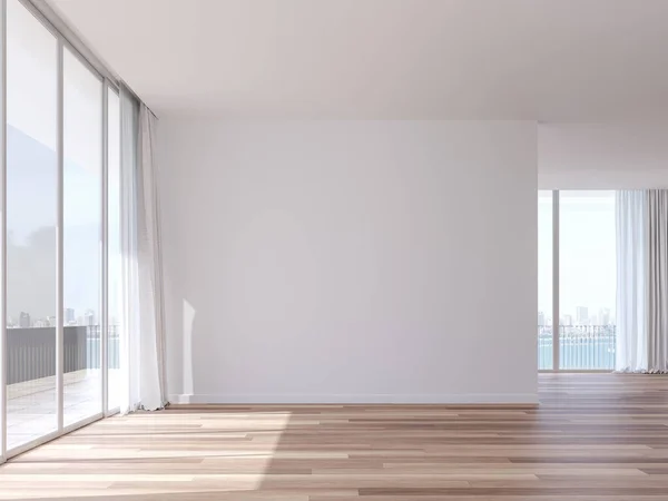 Empty room with coastal city view 3d render,The Rooms have white wall and wooden floor.There are white window overlooks to terrace and bay view.