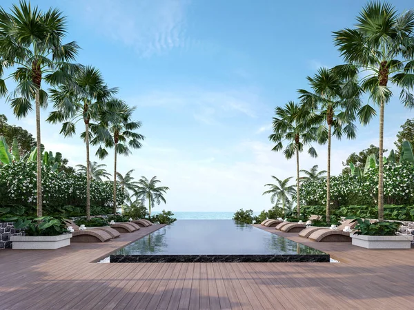 大型游泳池平台 海景3D渲染 有木制地板 黑色大理石瓷砖 装饰藤制家具 周围环绕着热带植物 — 图库照片