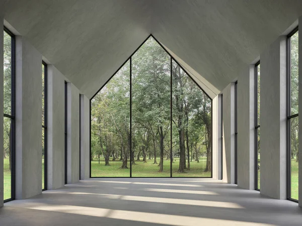 Empty concrete room with nature view 3d render,There are polished concrete floor ,wall and triangle shape ceiling,There are large window look out to see the nature,sunlight shining into the room.