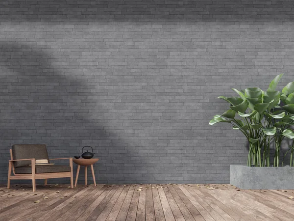 Terraza Madera Con Pared Piedra Naturaleza Gris Vacía Render Decorar —  Fotos de Stock