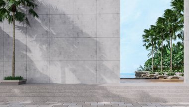 Denize bakan tropikal yüzme havuzu arka planına sahip boş beton duvar. Duvarda parlayan güneş ışığı.