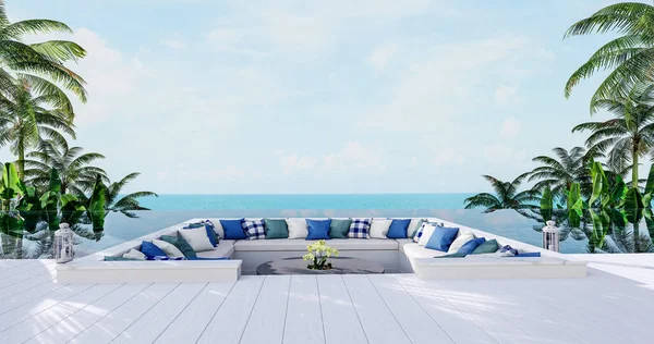 游泳池里有一个有海景3D渲染的大座舱 里面有白色的木制地板 装饰有白色和枕头 — 图库照片