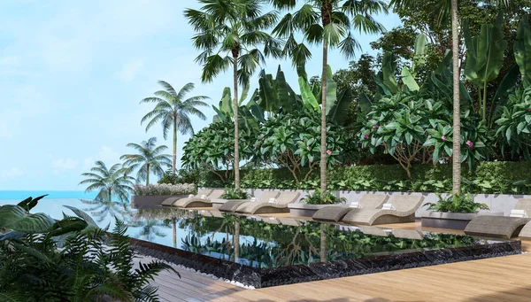 热带风格的黑色游泳池露台 海景3D渲染 有木制地板 装饰着藤蔓游泳池床 周围环绕着热带雨林树 — 图库照片