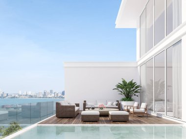 Minimum stye beyaz ev ahşap yüzme havuzu terası 3D döşeme, beyaz mermer döşeme, deniz manzaralı rattan mobilya ve şehir manzaralı.