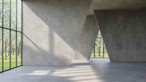Modern tavan arası tarzı, boş iç mekan 3D döşeme, cilalı beton zemin, duvar ve tavan, geniş pencereler var doğa manzarasına bakmak için, güneş ışığı odaya parlıyor..