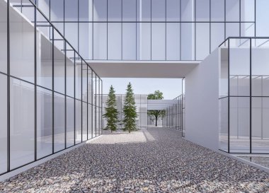 Minimal stil inşa alanı dış 3D görüntüleme, Nehir taşı zeminli temiz çim duvar var