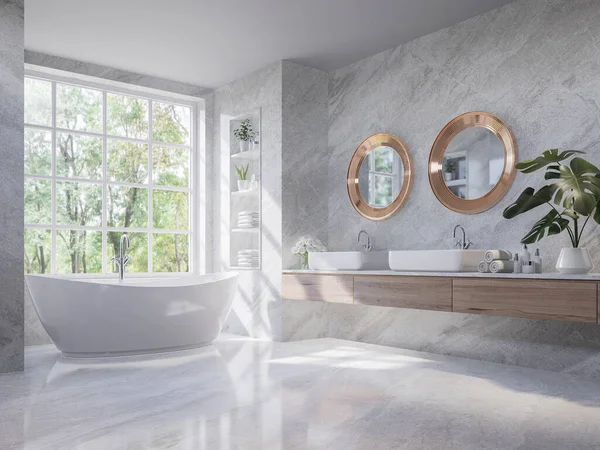 Luxury style light gray bathroom 3d render,There are marble floor and wall ,wooden sink counter and copper frame mirror,Rooms have large windows, overlook nature view,sunlight shining into the room.