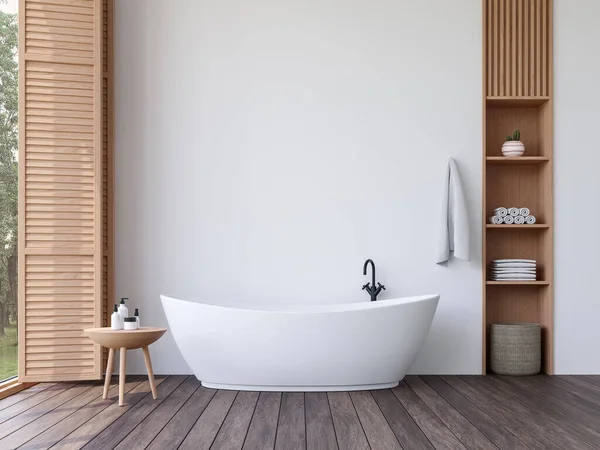 Asgari tarzda modern banyo 3D döşeme, ahşap zemin ve beyaz boş duvar, geniş pencereler, doğa manzarası..