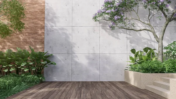 İçi boş beton duvar, tropikal bahçe 3D döşeme, tropikal stil ağaçla süslenmiş, duvarda güneş ışığı var.