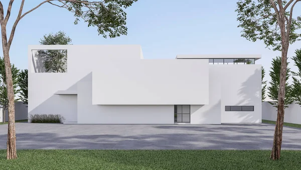 带有空混凝土庭院的简约风格房屋外观3D渲染说明 — 图库照片