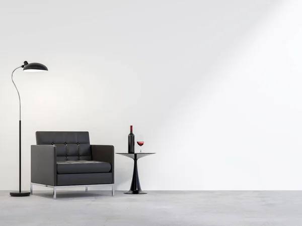 Minimalist loft style living room with blank white walls, 3d render, concrete floor decorated with leather lounge chairs. A round table and a bottle of wine, sunlight shining into the room.