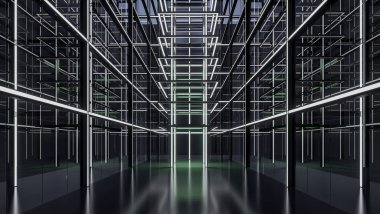 Modern stil boş siyah alan iç zemin 3 boyutlu, parlak zemin, şeffaf duvar, beyaz neon ışıklarla süslenmiş.