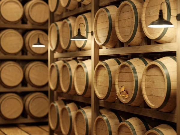 Wooden Barrel Rack Wine Storage Focusing Golden Cork Render Decorate — Stock Photo, Image
