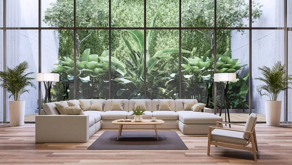 Modern Living Room Tropical Style Garden Background Render Wooden Floor — Stock Photo, Image