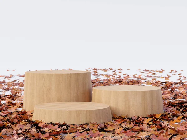 秋のコンセプト空のシリンダー木製の表彰台白い背景に落ち葉3Dレンダリングに囲まれて — ストック写真