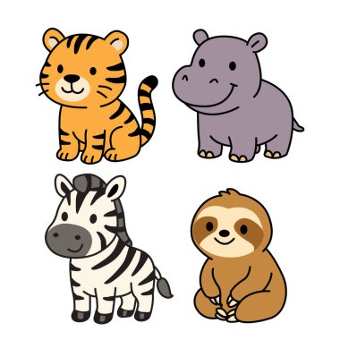 Dört sevimli hayvan çizgi film seti: kaplan, su aygırı, zebra ve tembel hayvan. Her karakterin gülümseyen bir duruşu vardır. Tasarım, öğrenme ve çocuklar için eğlenceli temalar için mükemmel. resimleme.