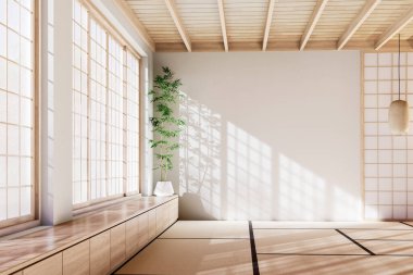 Japon minimalist boş oda içinde Shoji sürgülü kapılar ve yumuşak güneş ışığı tatami zemininde modern ahşap dizayn, 3D