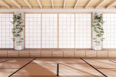Japon minimalist boş oda içi Shoji sürgülü kapılar ve tatami zemin doğal ahşap dizayn arka planı, 3D
