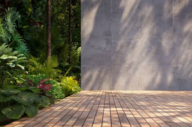 Tahta güverte, beton panel duvar ve bereketli tropikal bitki örtüsü, doğal sükunet ile endüstriyel tasarımı harmanlayan sakin bir açık hava alanı..