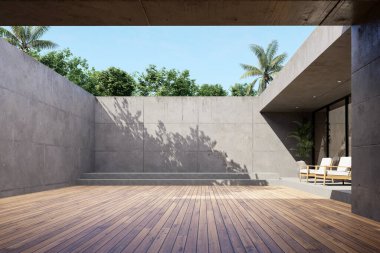 Modern tavan arası terası ahşap güverte ve beton duvarlar 3D döşeme, cam pencereler ve bereketli saksı bitkisi modern mimariyi doğal sükunetle harmanlıyor..