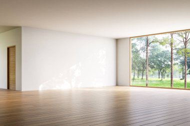 Asgari stil, çağdaş boş oda, yeşil doğa manzaralı 3D çerçeveli. Odaların ahşap zeminleri, bahçeye bakan geniş pencereleri var..