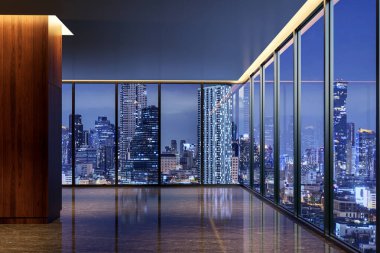 Yüksek katlı bir çatı katında, ultra lüks, karanlık ve modern boş bir oda, muhteşem bir panoramik şehir gökyüzü manzaralı gece 3D.