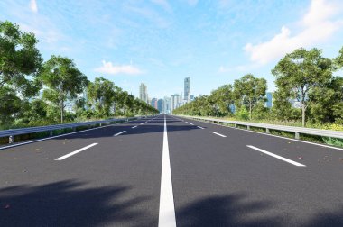 Parlak mavi bir gökyüzünün altında yemyeşil bir yeşil ile çevrili, uzak bir şehir siluetine uzanan temiz, çok şeritli bir otoyolun 3 boyutlu görüntüsü.