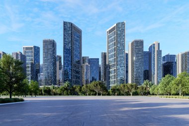 Modern şehir silueti ve mavi gökyüzü altında yeşil parkı olan boş şehir meydanı, çağdaş mimari, kamusal alan tasarımı, temiz şehir ortamı, yüksek kalite 3D görüntüleme.