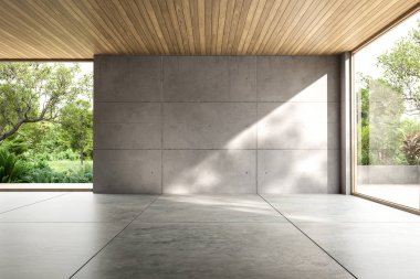 Minimalist, beton duvarları 3 boyutlu, boş bir çatı katı odası. Ahşap bir tavan ve yemyeşil bahçeye bakan geniş pencereler. Parlak doğal güneş ışığı gölgeler yaratır. 3d hazırlayıcı.
