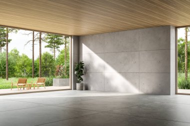 Modern çatı katı tarzı, parlayan beton duvarları olan boş bir oda. 3 boyutlu. Ahşap bir tavan ve yemyeşil bahçeye bakan geniş pencereler. Parlak doğal güneş ışığı gölgeler yaratır..