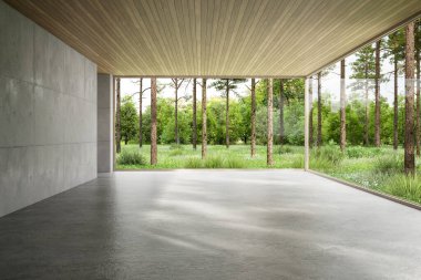 Modern tavan arası, doğa manzaralı, boş bir oda. Ahşap bir tavan ve yemyeşil bahçeye bakan geniş pencereler. Parlak doğal güneş ışığı gölgeler yaratır..