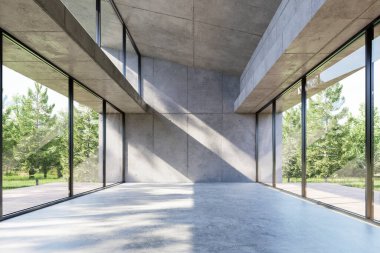 Modern minimalist, yüksek beton tavanlı ve duvarlı boş bir salon. Büyük cam pencereler, çarpıcı güneş ışığı ve gölgelerle dolu gür bir orman manzarası sunar..