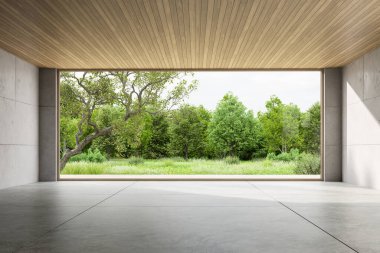 Minimalist, beton duvarlı, 3 boyutlu, boş bir çatı katı odası. Ahşap bir tavan ve yemyeşil bahçeye bakan geniş pencereler. Parlak doğal güneş ışığı gölgeler yaratır..