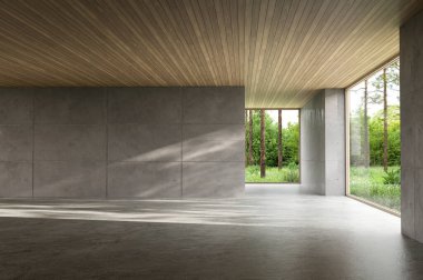 Cilalı beton duvarlı, asgari tarzda boş bir çatı katı. 3 boyutlu. Ahşap bir tavan ve yemyeşil bahçeye bakan geniş pencereler. Parlak doğal güneş ışığı gölgeler yaratır..