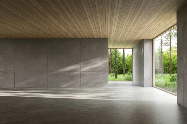 Cilalı beton duvarlı, asgari tarzda boş bir çatı katı. 3 boyutlu. Ahşap bir tavan ve yemyeşil bahçeye bakan geniş pencereler. Parlak doğal güneş ışığı gölgeler yaratır..