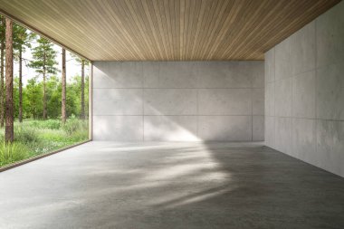 Doğa manzaralı minimalist boş bir çatı katı. Ahşap bir tavan ve yemyeşil bahçeye bakan geniş pencereler. Parlak doğal güneş ışığı gölgeler yaratır..